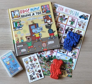 Balíček Eda s Pepou (kniha "Edo! Pepo! Kdopak je to?", pexeso Eda neposeda, malé samolepky Eda neposeda, vykrajovátka Eda a Pepa, karty Černý Petr Eda s Pepou, pohled Les ) + bonus PDF